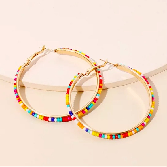 “Amara” Beaded Multicolor Ethnic Party Fiesta Festival Summer Cute Hoop Earrings - Picture 2 of 6